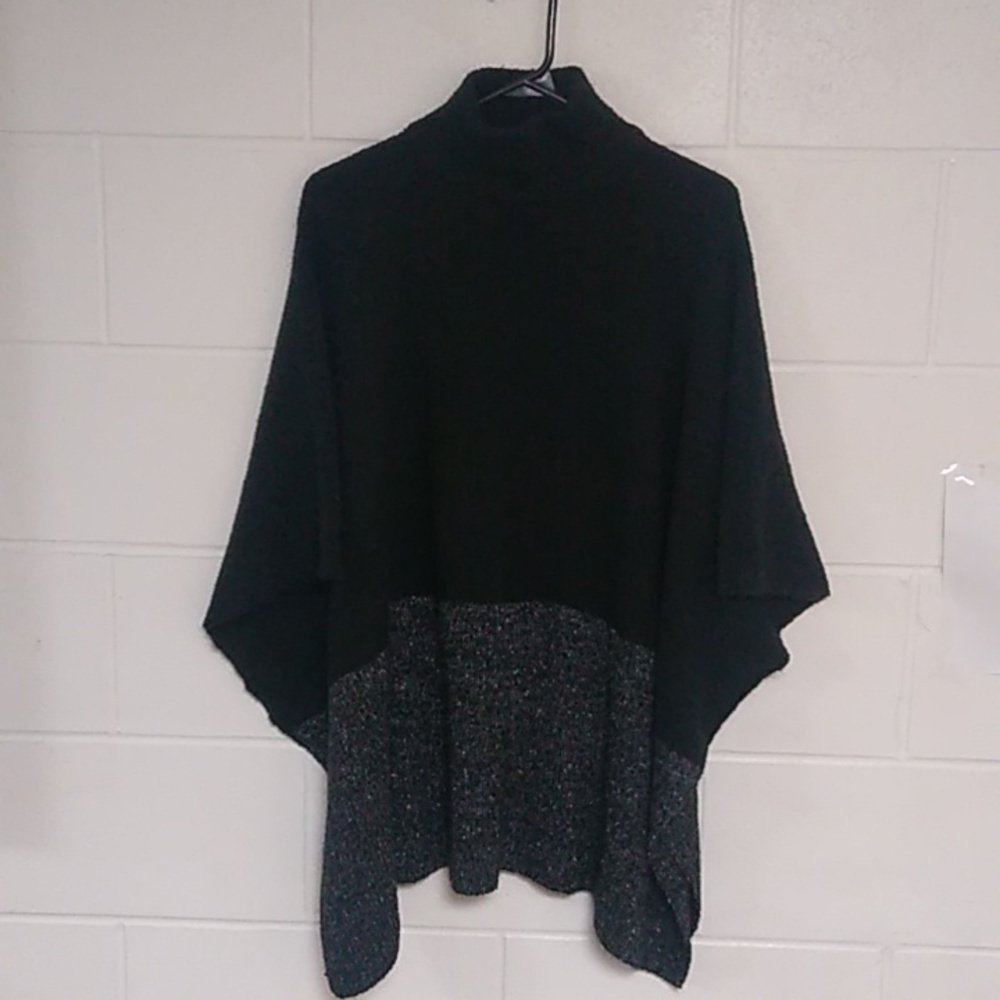 VINCE CAMUTO BLACK WITH GOLD LYREX SOFT, BLOCKKNIT, TURTLENECK CAPE SWEATER